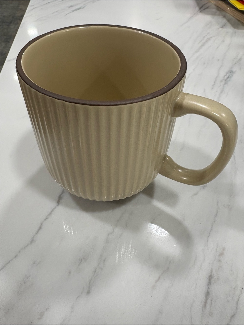 Ribbed Ceramic Coffee Mug in Cream with Brown Rim